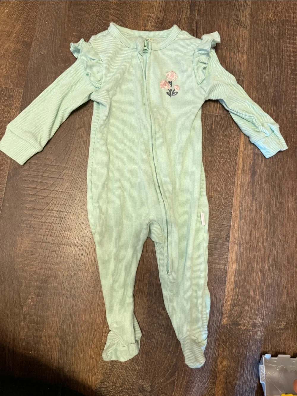 Tahari Mint Green Ribbed Baby Footed One-Piece with Floral Accent